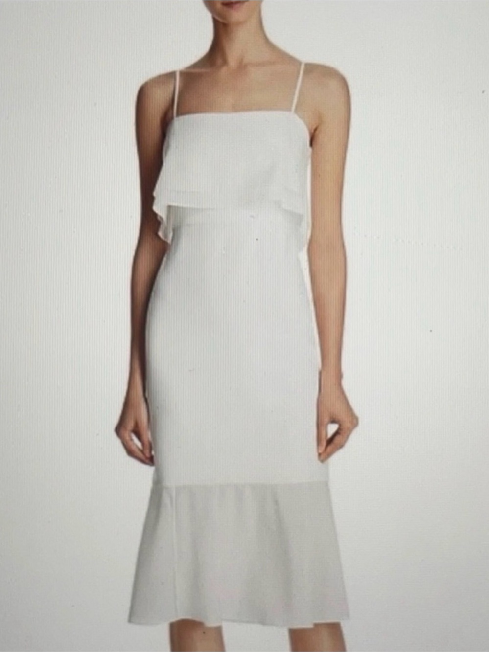 Aidan Mattox White Spaghetti-Strap Ruffle-Trim Midi Dress